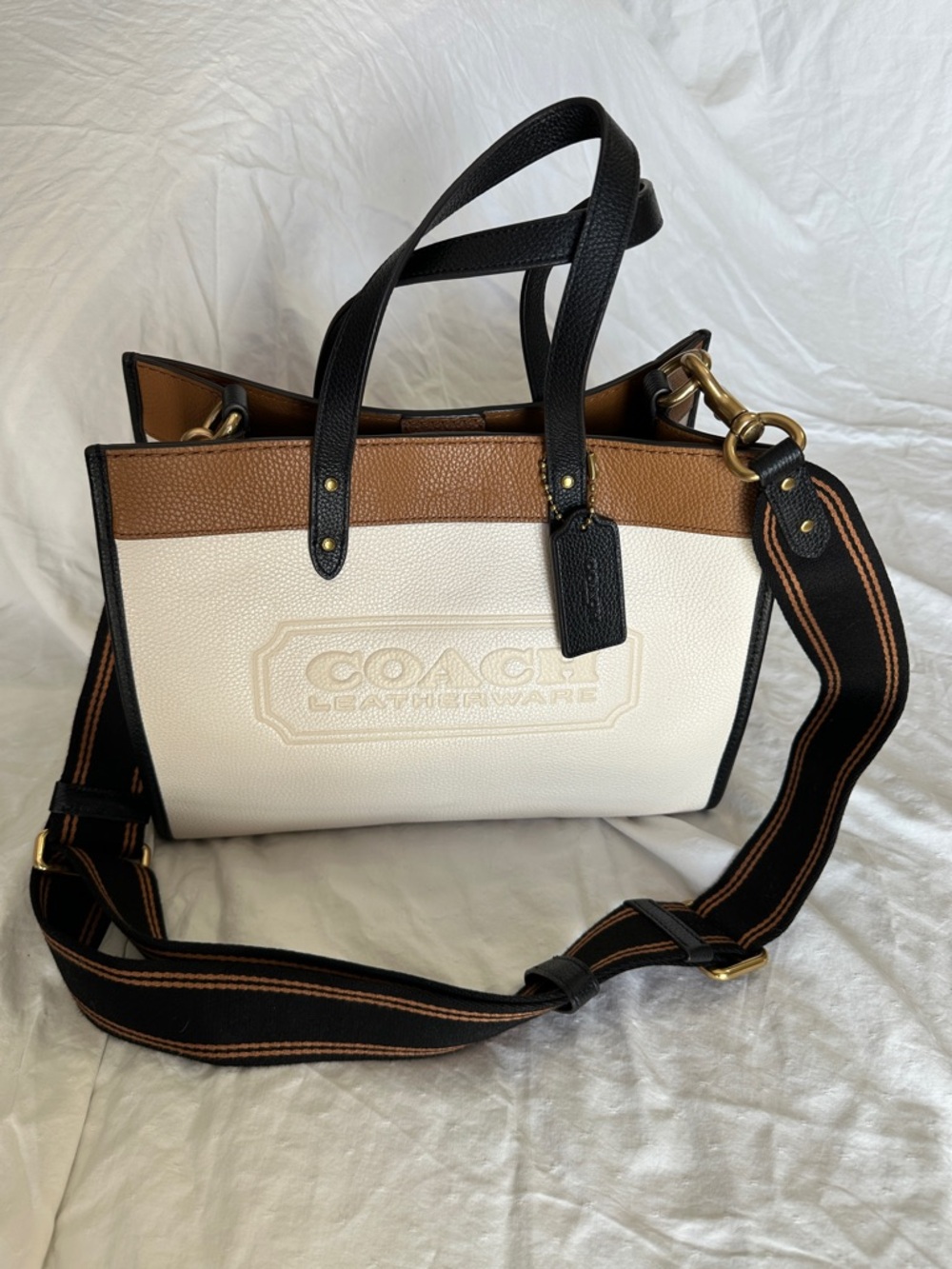 Coach White, Brown & Black Leather Messenger Bag with Adjustable Strap
